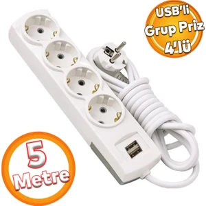 Kablolu Usb'li 4'lü Topraklı Grup Priz Fiş Çoğaltıcı 5 Metre Çoklu Asmalı Uzatma Kablosu Düğmesiz