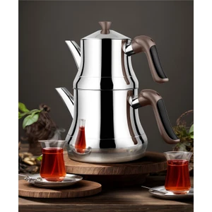 Naz Kristal Serisi Paslanmaz Çelik Çaydanlık Orta Boy - Demlik 0,75 Litre Suluk 1,75 Litre