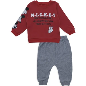Erkek Bebek Mickey Yazılı Kol Detay 2'Li Alt Üst Eşofman Takım