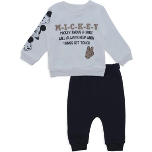 Erkek Bebek Mickey Yazılı Kol Detay 2'Li Alt Üst Eşofman Takım