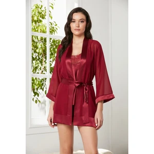 Pierre Cardin 3'lü Saten Gecelik ve Şifon Sabahlık Takımı 2475 - Bordo