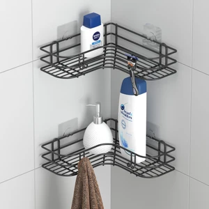 Teknotel Yapışkanlı Kancalı 2 Adet Banyo Köşe Rafı Siyah ST276