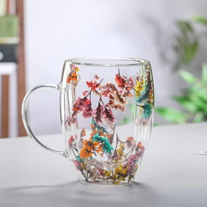 Isıya Dayanıklı Borosilikat Çift Çidarlı Flower Cup Çiçekli Bardak 350ML Çiçekli Kahve Sunum Bardağı