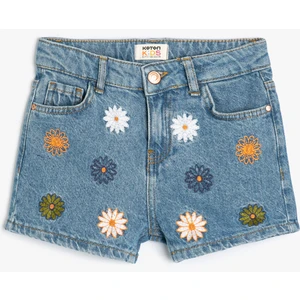 Kot Şort Çiçek Işlemeli Pamuklu