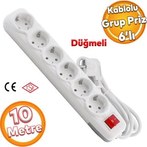 Kablolu 6'lı Topraklı Grup Priz Fiş Çoğaltıcı 10 Metre Çoklu Asmalı Uzatma Kablosu Anahtar Düğmeli