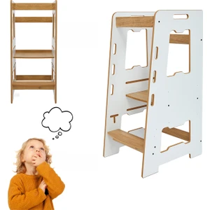 Ahşap Montessori Öğrenme Kulesi / 2-6 Yaş / Naturel + Beyaz