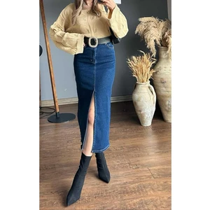 Madame Melek Zr Model Yırtmaç Detaylı Düğmeli Kot Etek Koyu Mavi Midi Diz Boy Likralı