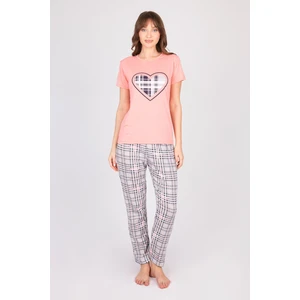 Kadın Kalpli Kısa Kollu Çok Renkli Ekose Desenli Pijama Takımı