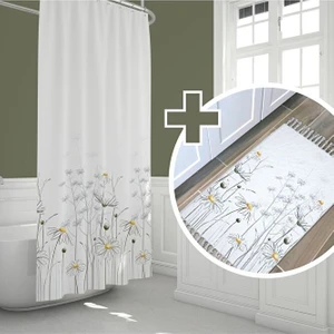 Tropik Home Çiçekli Banyo Perde ve Paspas Seti-Papatyalı Banyo Perdesi+Banyo Paspası-Kaymaz Taban Banyo Paspası