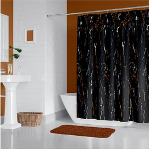 Tropik Home Duş Perdesi Çift Kanat 2X120X200CM Siyah Mermer Desen Banyo Perdesi 16 Adet C Halka Hediyeli