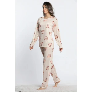 Kadın Bisiklet Yaka Uzun Kol Ayıcıklı Pijama Takımı Lukitus