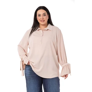 Disentis Modest Büyük Beden Kolları Bağlama Detaylı Bej Rengi Gömlek