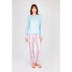 Kadın Uzun Kollu Yumuşak Dokulu Mavi Pijama Takımı