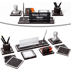 İsimlik Sepeti Mermer Desen 9 Parça Atatürk Biblo Isimlik Ahşap Masa Isimliği Gümüş