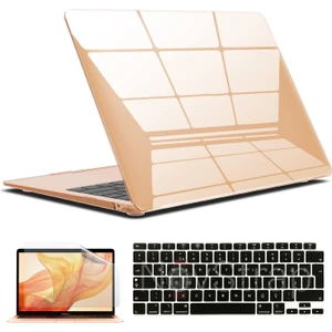 Apple MacBook Air 13 Inch M1 Çip A2337 Uyumlu Alt Üst Parlak Kılıf + Siyah Klavye Kılıfı + Film