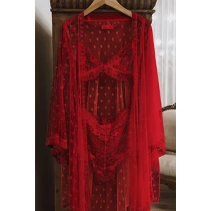 Jeyna Dantel Kırmızı 3 Lü Sabahlık Set