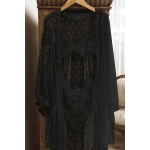 Jeyna Dantel Siyah 3 Lü Sabahlık Set