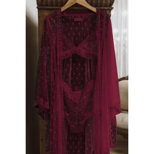 Jeyna Dantel Bordo 3 Lü Sabahlık Set