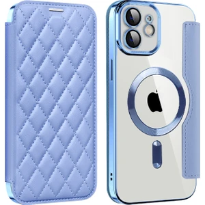 Forestl Digital iPhone12 6.1 Inç Kart Tutucu Deri Telefon Kasası Magsafe Yerleşik Lens Filmi Rfıd Engelleme Kapak Bebek Mavisi ile Uyumlu (Yurt Dışından)