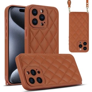 Forestl Digital iPhone15 Pro Max Deri Geri Kılıf Rhombus Grid Pu+Tpu Kapak Koruyucu Uzun Kayış Kahverengi (Yurt Dışından)