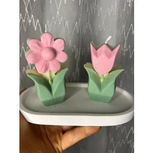 Love Candle Dekor Pembe Çiçekli Mum Seti, Lale ve Papatya Mum Seti, Çiçek Mum Seti ve Tabak