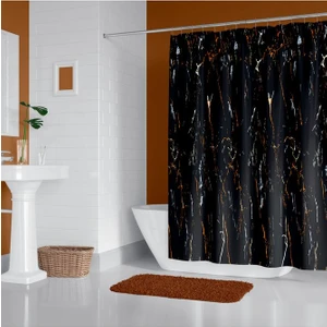Tropik Home Duş Perdesi Çift Kanat 2X120X200CM Siyah Mermer Desen Banyo Perdesi 16 Adet C Halka Hediyeli