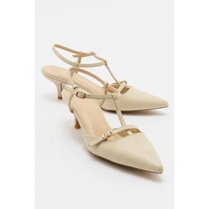 Frans Ekru Cilt Kadın Sivri Burun Arkası Açık Kısa Topuklu Ayakkabı