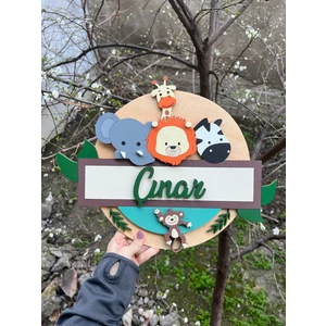 Baykuş Craft Mimarlık Özel Tasarım Daire Safari Hayvanlı Aslan Zürafa Bebek Ahşap Kapı Süsü