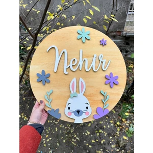 Baykuş Craft Mimarlık Özel Tasarım Hediyelik Daire Tavşanlı Çiçekli Bebek Ahşap Hastane Kapı Süsü