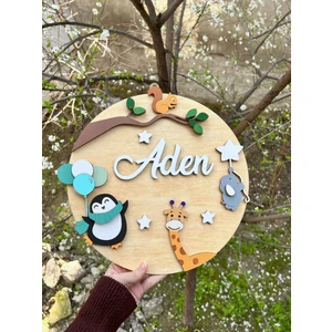 Baykuş Craft Mimarlık Özel Tasarım Hastane Hediyelik Daire Penguenli Zürafalı Filli Balonlu Bebek Ahşap Kapı Süsü