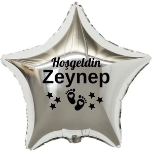 Organizasyon Pazarı 18 inç Gümüş Renk Yeni Doğan Kişiye Özel Hoşgeldin Bebek Yazılı Ayak Figürlü Yıldız Folyo Balon