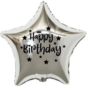 Organizasyon Pazarı 18 inç Gümüş Renk Taç - Yıldız Figürlü Happy Birthday Temalı Yıldız Folyo Balon