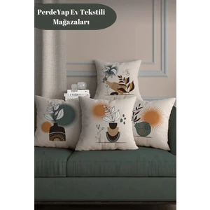 Kuraklık ve Kır Çiçekleri Desenli 4lü Dijital Baskılı Kırlent Yastık Kılıfı 43x43 Cm Krem 015