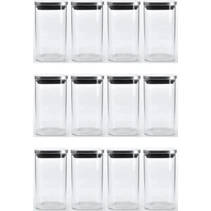 Kitchen Design Lab Vakum Krom Kapaklı Kare Cam Kavanoz 6,5X12,5 cm - 350 ml Cam Baharatlık Saklama Kabı 12 Adet