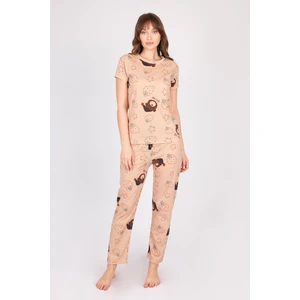 Kadın Kısa Kollu Pamuklu Ayıcıklı Çilekli Kahverengi Desenli Pijama Takımı