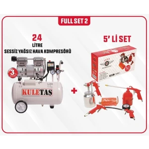 Full Set 2 Kuletaş Süper Sessiz Yağsız Hava Kompresörü 24 Litre 1 Hp 3 Yıl Garanti