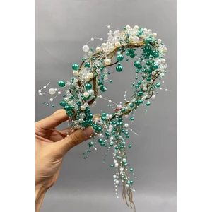 Kristalli Krem İncili ve Hasırlı Gelin Tacı