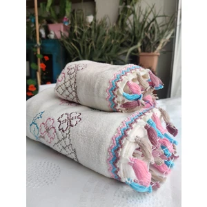 Kanaviçe Çiçek Desenli Püsküllü Havlu Seti 30X50 1 Adet + 50X90 1 Adet 2 Li Set