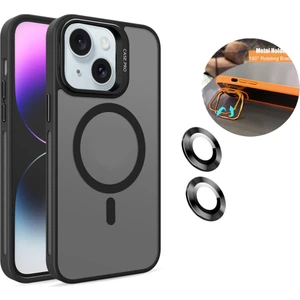 iPhone 15 Kılıf + Lens Koruyucu Magsafe ve Stant Özellikli Arkası Mat Sert Pc Leke Yapmaz