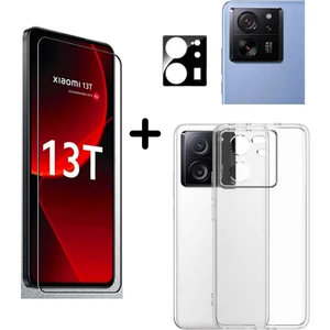 Xiaomi Mi 13T ile Uyumlu Kılıf Şeffaf Temperli Kırılmaz Cam Ekran ve Kamera Lens Koruyucu Seti