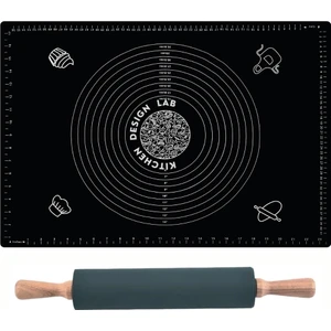 Kitchen Design Lab Siyah 45X65 cm Silikon Hamur Açma Matı ve Bambu Saplı Silikon Merdane