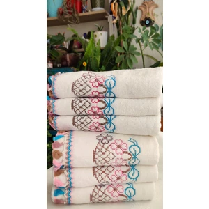 Çeyizlik Kanaviçe Çiçek Desenli Püsküllü Bukle Lüks Mutfak Havlu Seti 30X50 6'lı Set