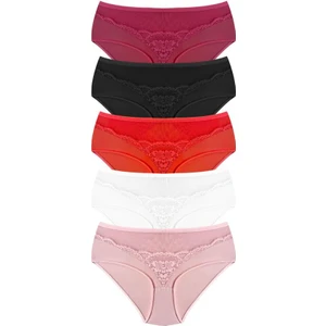 Transparan Tüllü Dantel Detaylı Beli Lastikli Büyük Beden Kadın Bikini Külot 5'li Paket