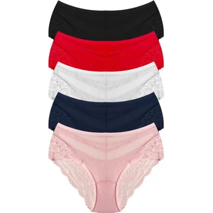 Transparan Tüllü Dantel ve Taş Detaylı Büyük Beden Kadın Bikini Külot 5'li Paket