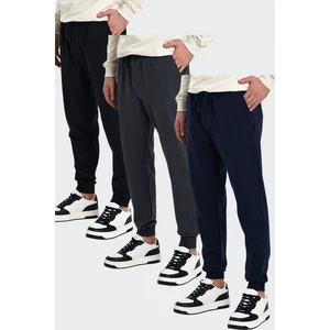 Erkek Siyah-Lacivert-Antrasit Arka Cep Etiket Detaylı Paça Lastikli Regular Fit 3'lü Eşofman Altı  MTLCEO09-3