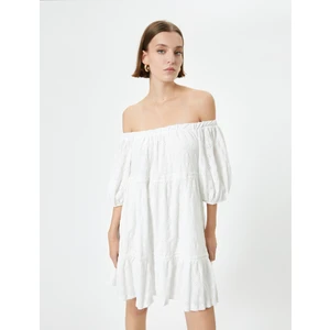 Omzu Açık Elbise Mini Balon Kollu Volanlı