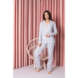 Kadın Pijama Takımı Süprem Uzunkol Çizgili Bebe Yaka Boydan Düğmeli Pamuklu Mevsimlik W20592298