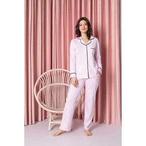 Kadın Pijama Takımı Süprem Uzunkol Çizgili Bebe Yaka Boydan Düğmeli Pamuklu Mevsimlik W20592298