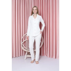 Kadın Pijama Takımı Süprem Uzunkol Ince Çizgili Ceket Yaka Pamuklu Mevsimlik W20602299