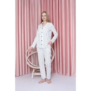 Kadın Pijama Takımı Süprem Uzunkol Ince Çizgili Ceket Yaka Pamuklu Mevsimlik W20602299